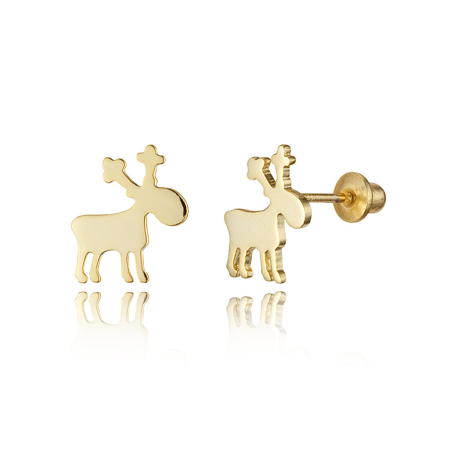 14k Gold Plated Brass Plain Reindeer Screwback Baby Girls Earrings Silver Post