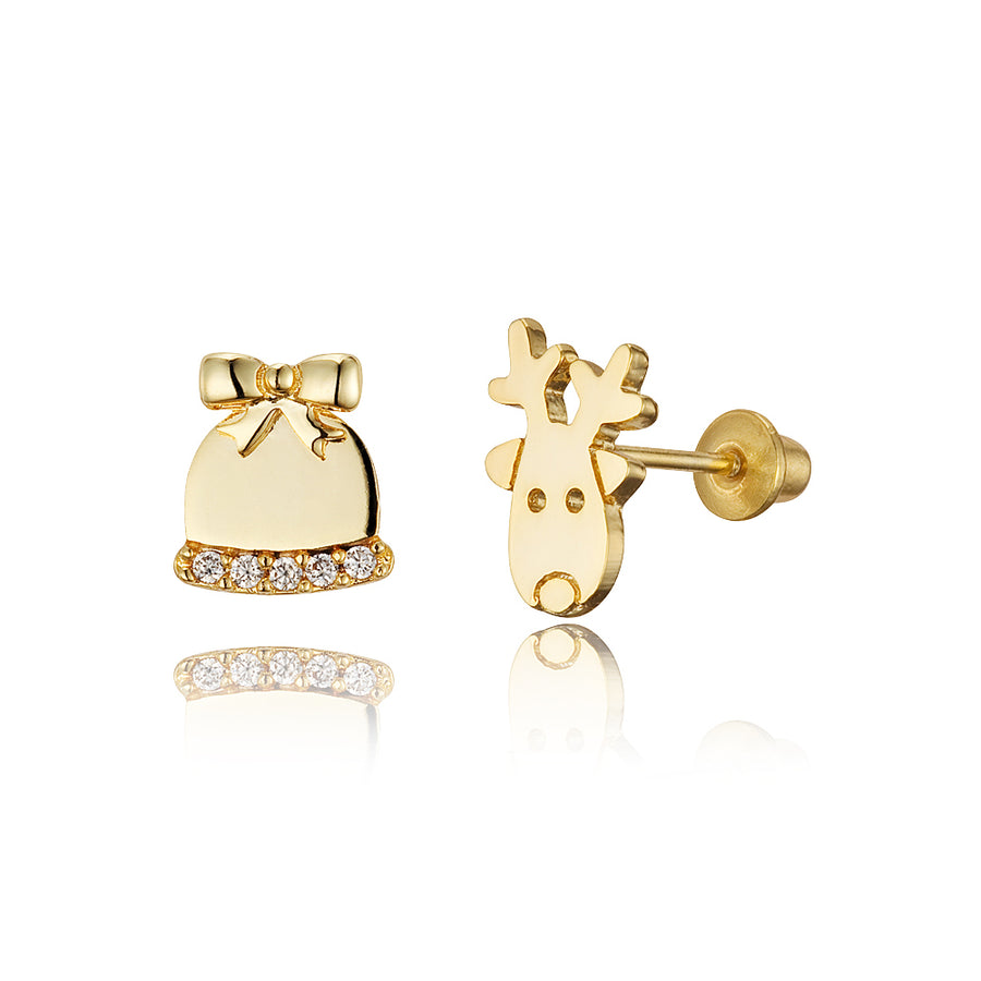14k Gold Plated Brass Deer Bell CZ Screwback Girls Earrings Sterling Silver Post