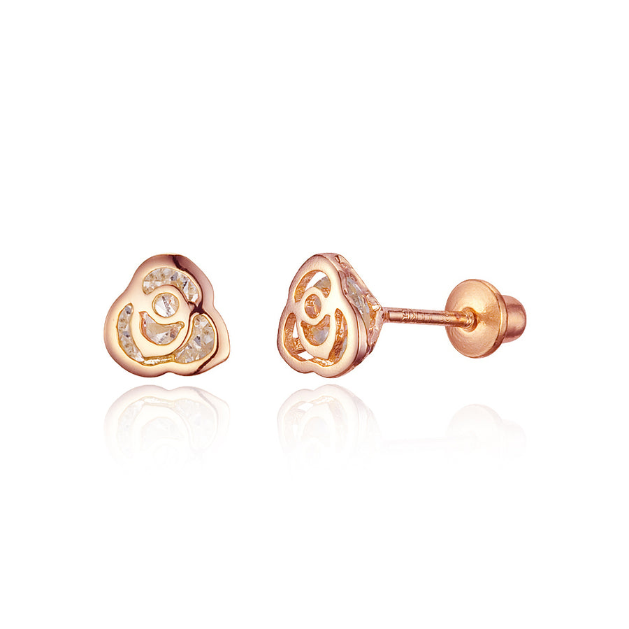 Rose Gold Tone Rose CZ Screwback Baby Girls Earrings with Sterling Silver Post