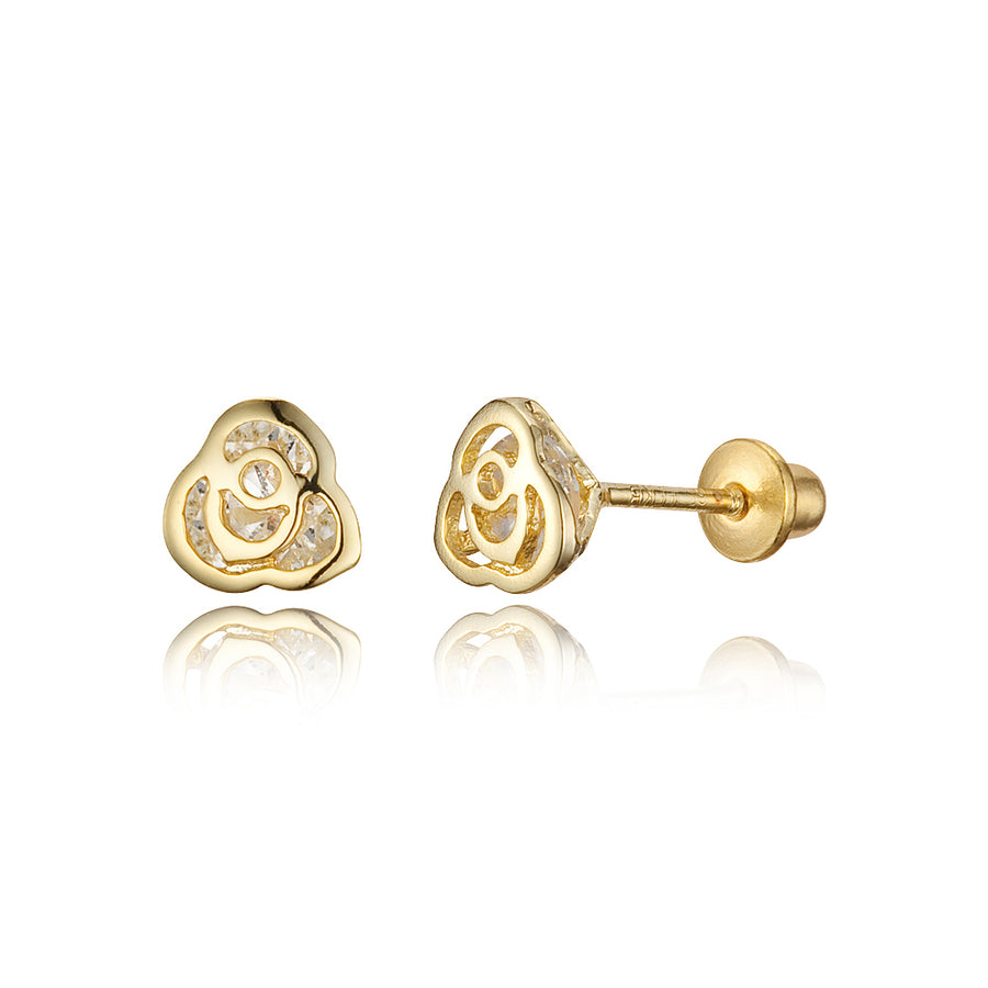 14k Gold Plated Brass Rose CZ Screwback Baby Girls Earrings Sterling Silver Post
