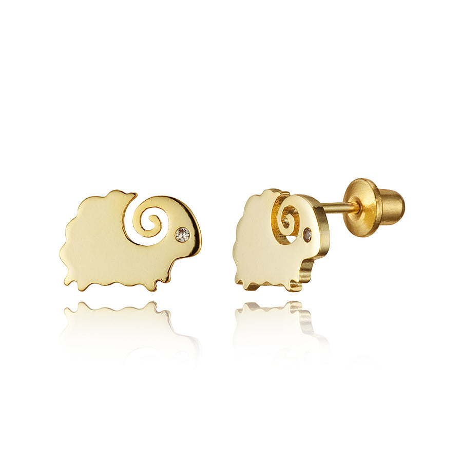 14k Gold Plated Brass Plain Sheep Screwback Baby Girls Earrings with Silver Post