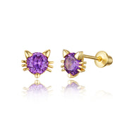 14k Gold Plated Brass Cat CZ Screwback Baby Girls Earrings Sterling Silver Post