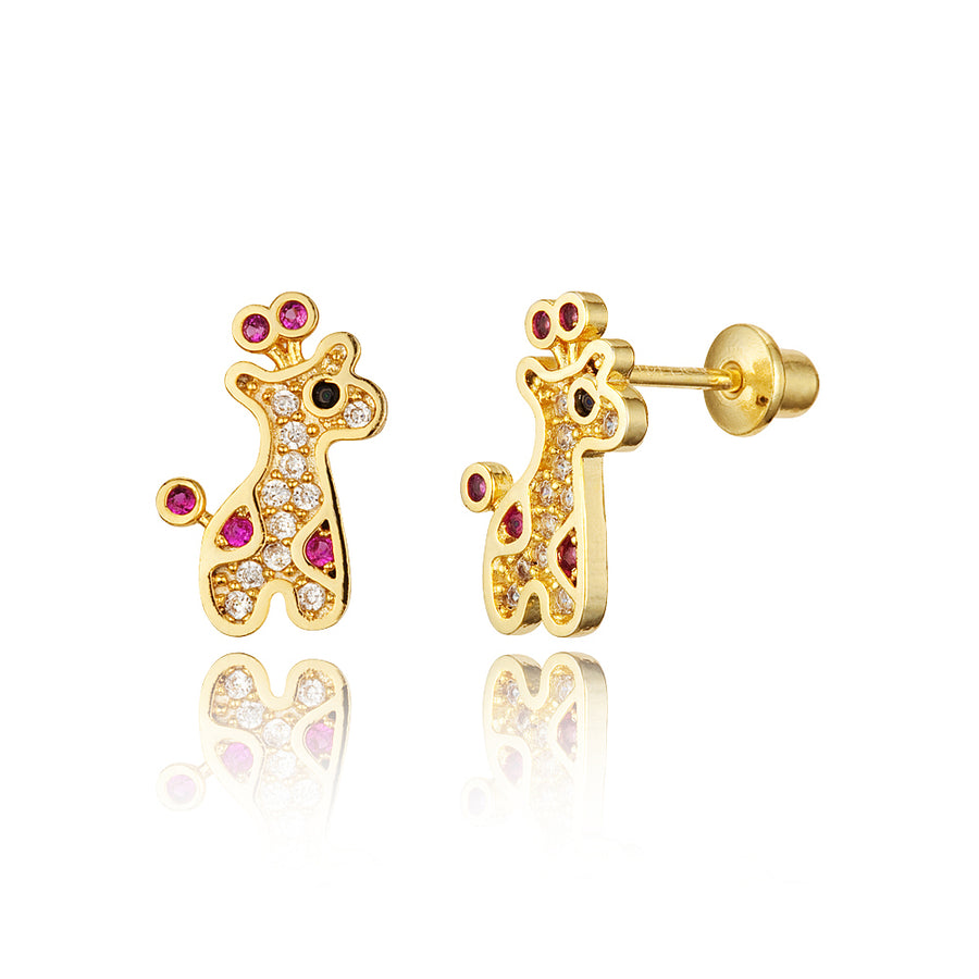 14k Gold Plated Brass Giraffe CZ Screwback Baby Girls Earrings with Silver Post
