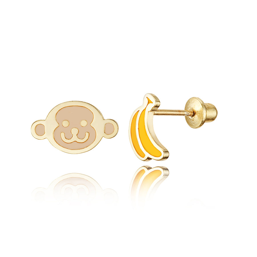 14k Gold Plated Enamel Monkey Banana Baby Girls Earrings Sterling Silver Post