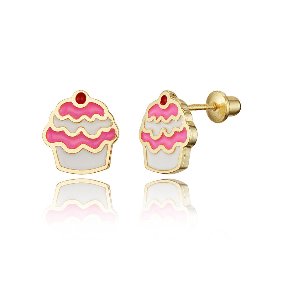 14k Gold Plated Enamel Cupcake Baby Girls Screwback Earrings with Silver Post