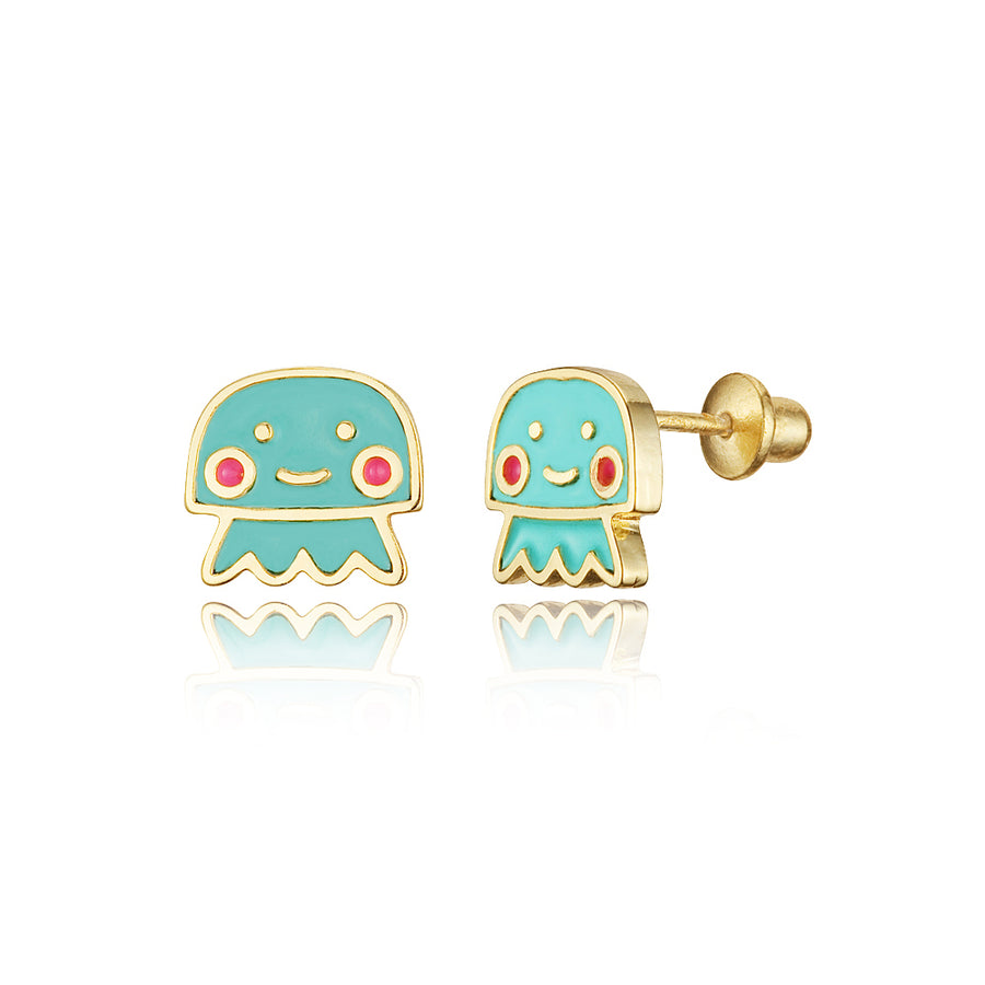 14k Gold Plated Enamel Jelly Fish Baby Girls Screwback Earrings with Silver Post