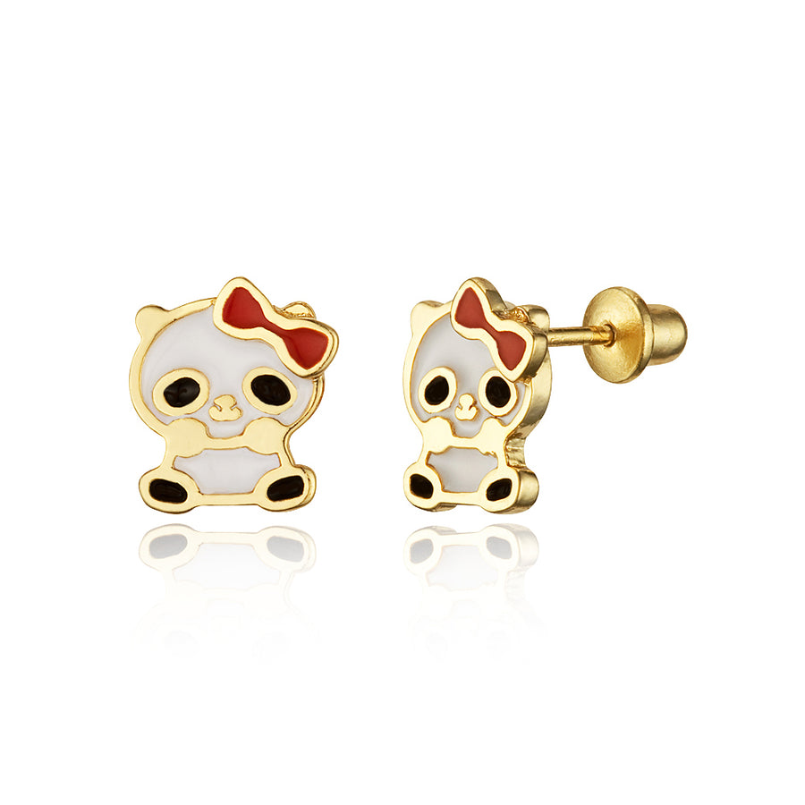 14k Gold Plated Enamel Panda Baby Girls Screwback Earrings with Silver Post