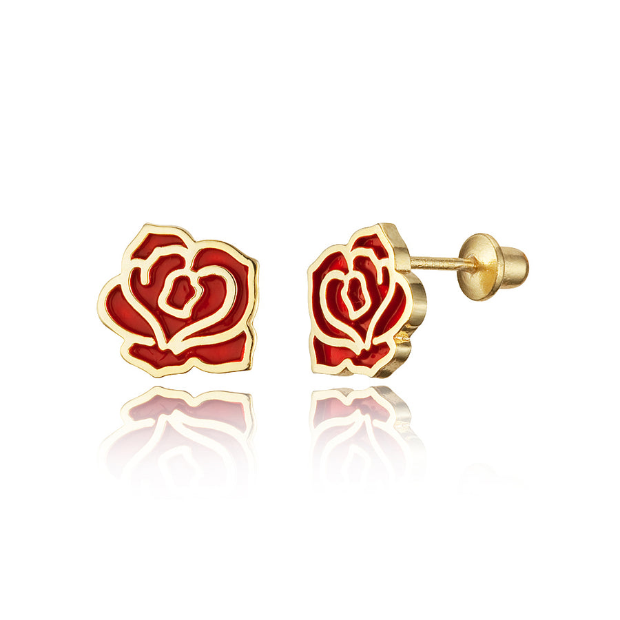 14k Gold Plated Enamel Red Rose Baby Girls Screwback Earrings with Silver Post