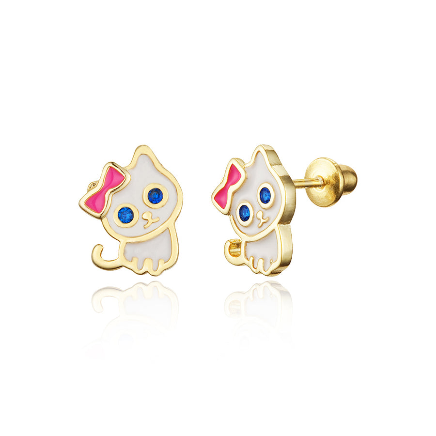 14k Gold Plated Enamel Cat Kitten CZ Girls Screwback Earrings with Silver Post