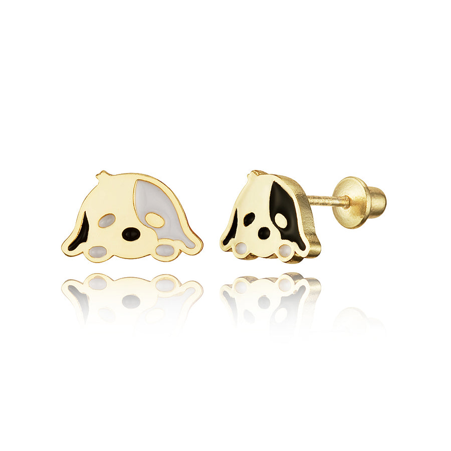 14k Gold Plated Enamel Dog Puppy Baby Girls Screwback Earrings with Silver Post