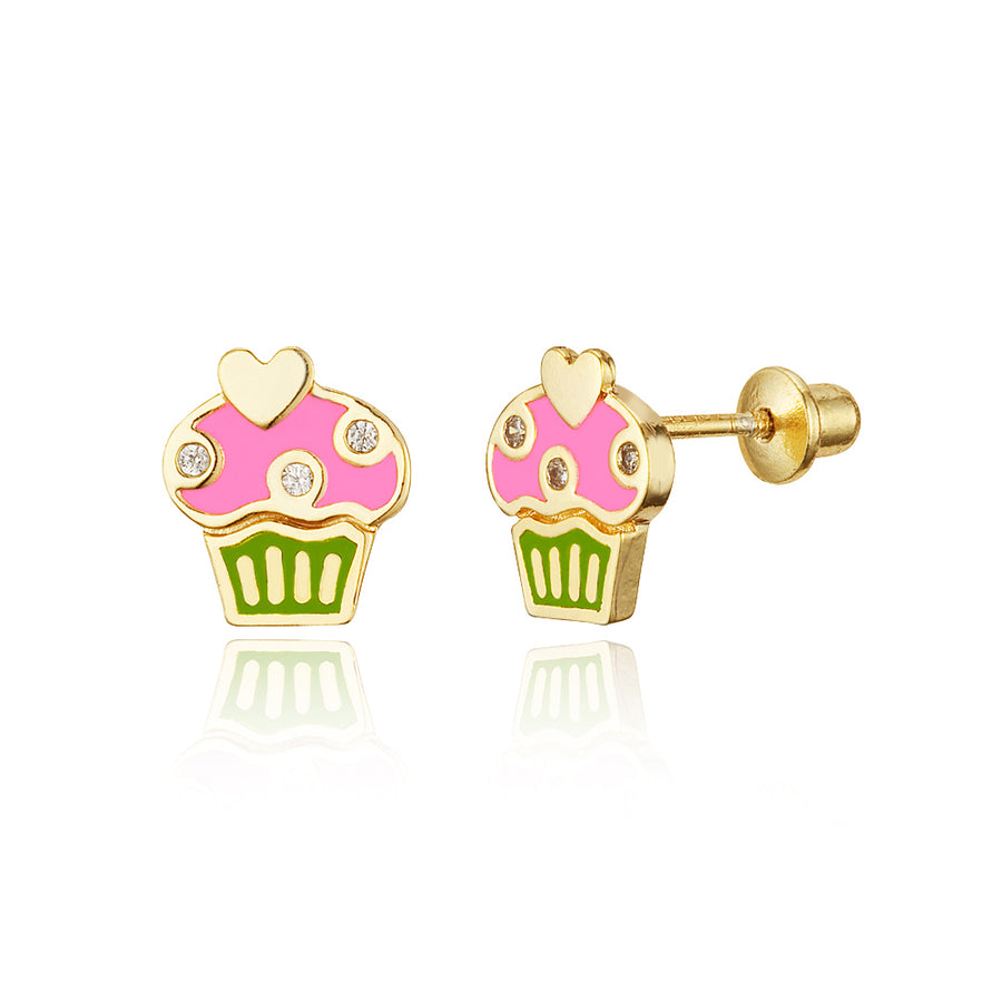 14k Gold Plated Enamel Cupcake Baby Girls Screwback Earrings with Silver Post