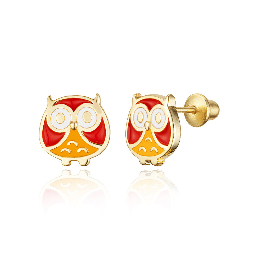 14k Gold Plated Enamel Owl Baby Girls Earrings with Sterling Silver Post