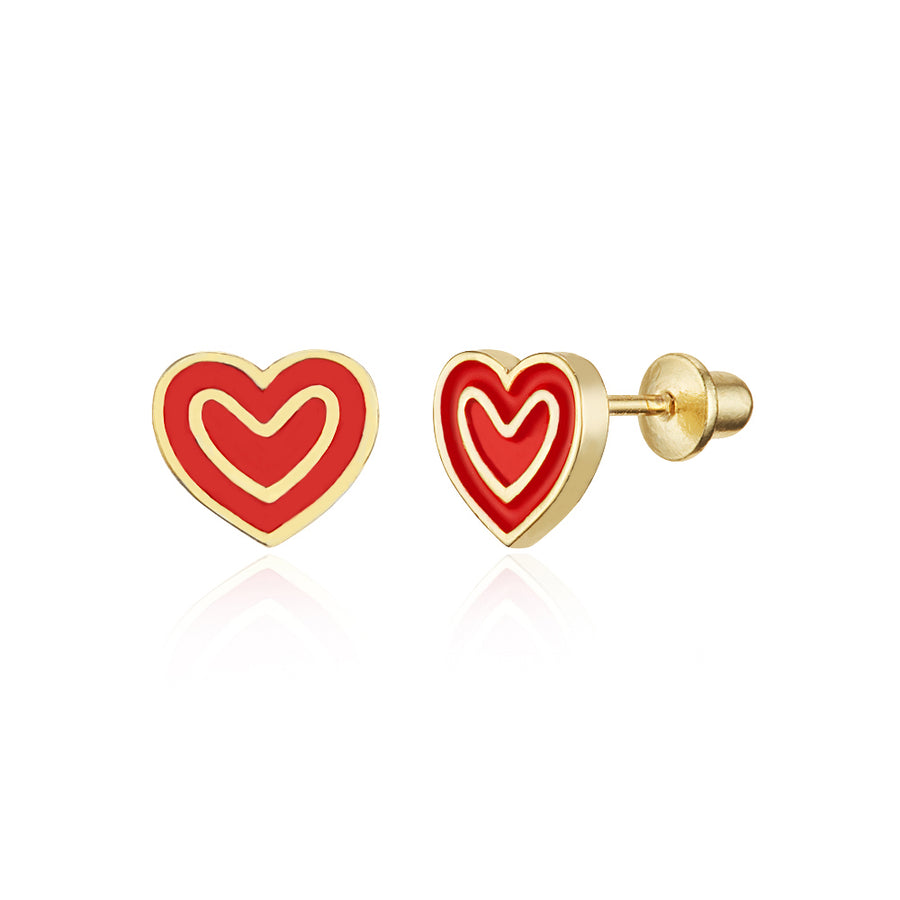 14k Gold Plated Enamel Red Heart Baby Girls Screwback Earrings with Silver Post