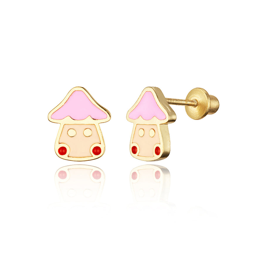 14k Gold Plated Enamel Mushroom Baby Girls Screwback Earrings with Silver Post