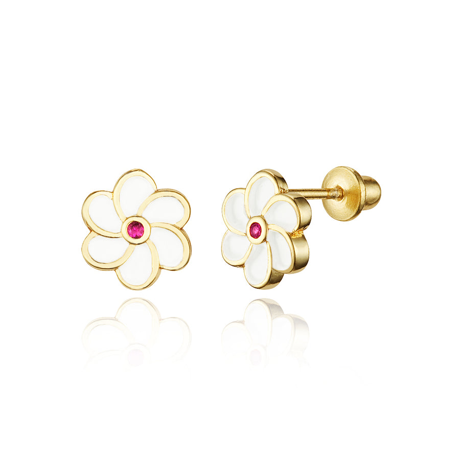 14k Gold Plated Enamel Flower CZ Baby Girls Screwback Earrings with Silver Post