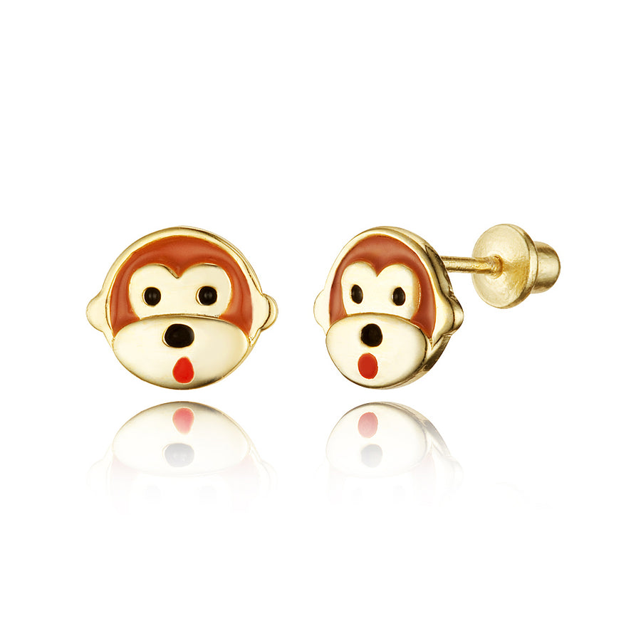 14k Gold Plated Enamel Monkey Baby Girls Screwback Earrings Sterling Silver Post
