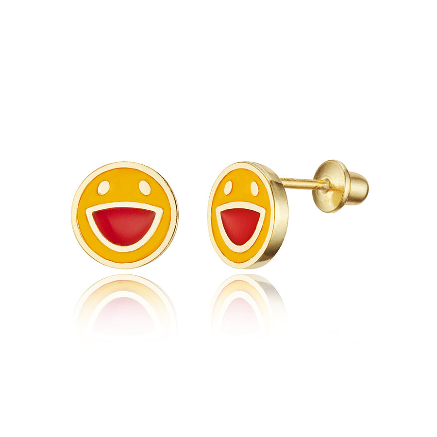 14k Gold Plated Enamel Happy Face Baby Girls Screwback Earrings with Silver Post