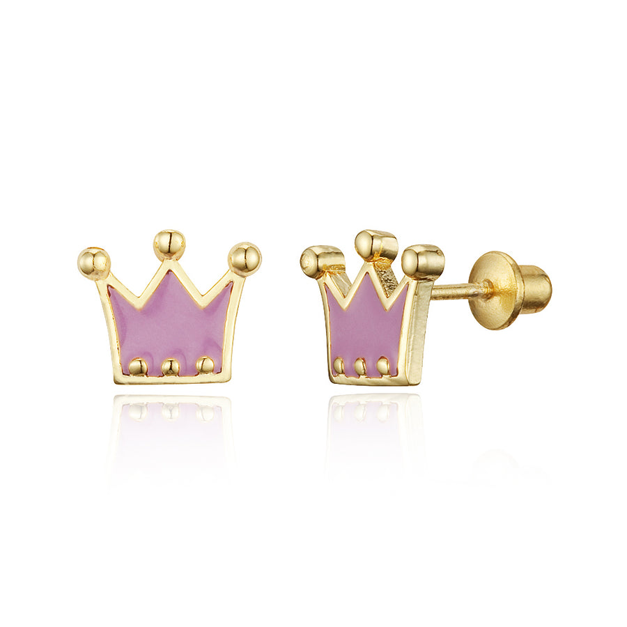 14k Gold Plated Enamel Princess Crown Baby Girls Screwback Earrings Silver Post