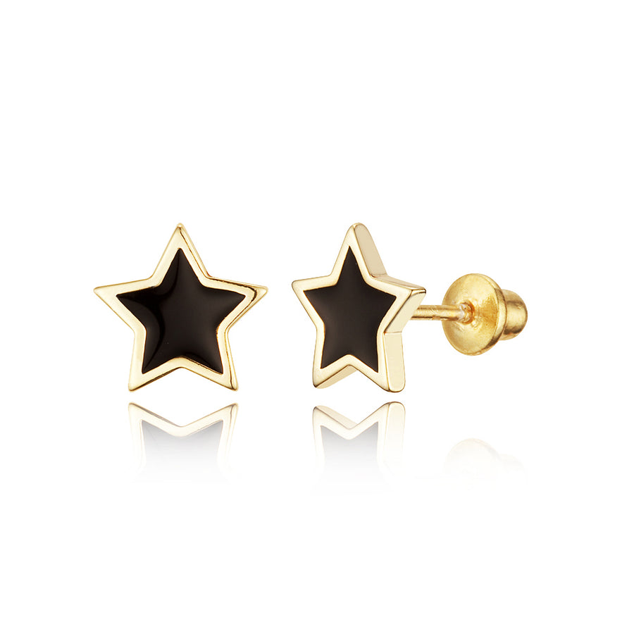 14k Gold Plated Enamel Black Star Baby Girls Earrings with Sterling Silver Post