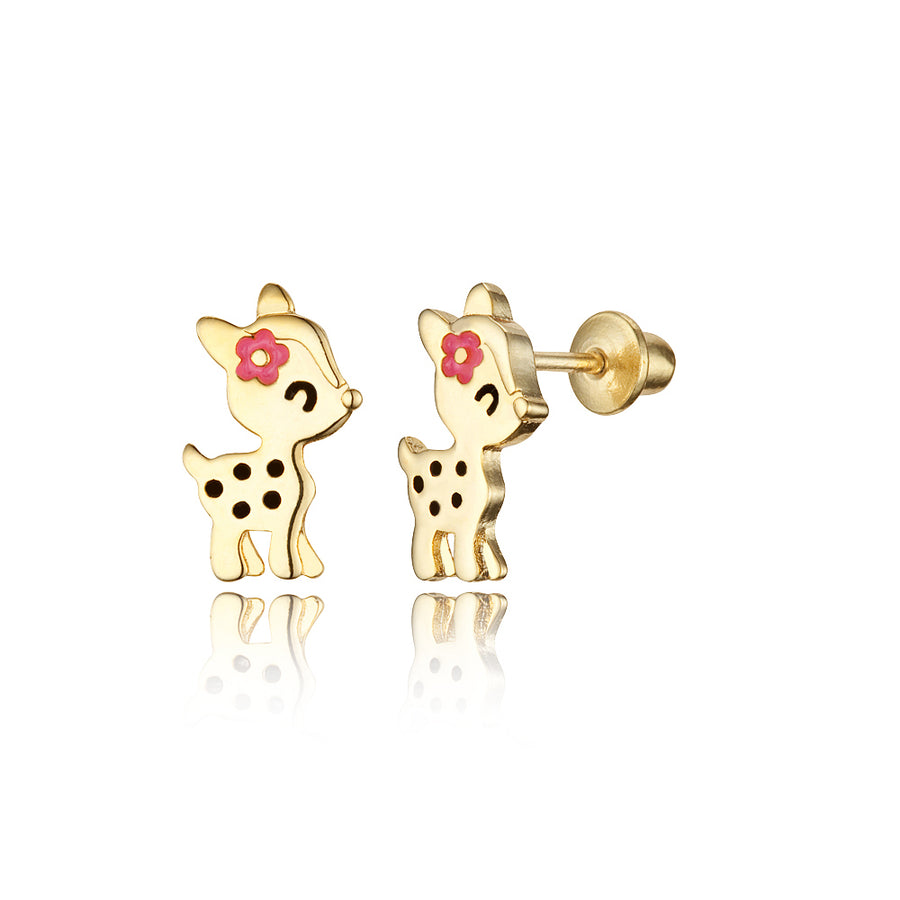 14k Gold Plated Enamel Flower Deer Baby Girls Earrings with Sterling Silver Post