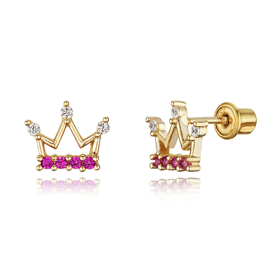 14k Gold Plated Brass Princess Crown CZ Screwback Baby Girl Earrings Silver Post