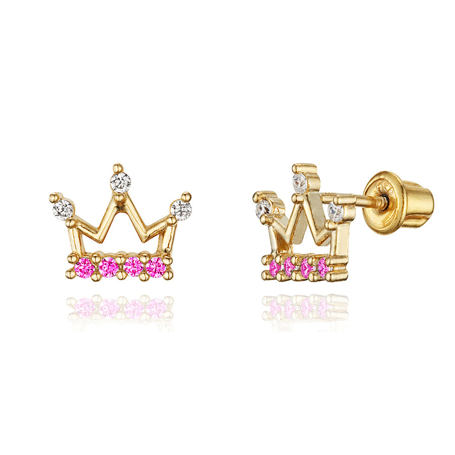 14k Gold Plated Brass Princess Crown CZ Screwback Baby Girl Earrings Silver Post