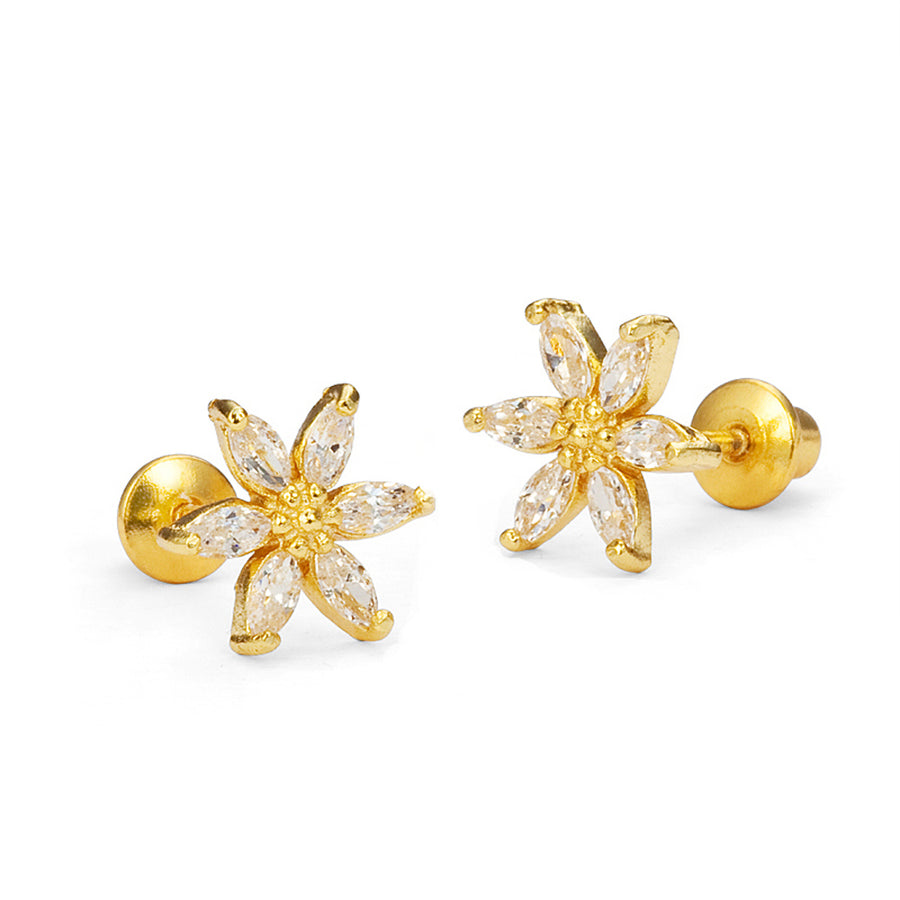 14k Gold Plated Brass Flower CZ Baby Girls Screwback Earrings with Silver Post