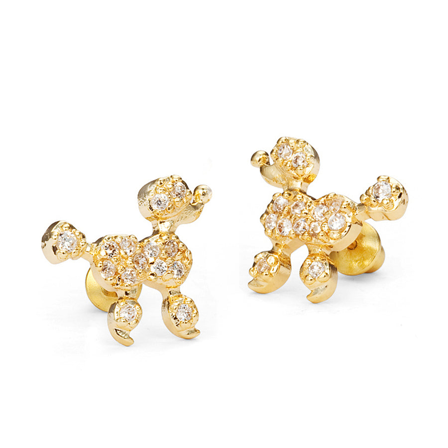14k Gold Plated Brass Poodle CZ Screwback Baby Girls Earrings Silver Post