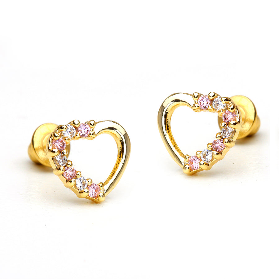 14k Gold Plated Brass Open Heart CZ Screwback Girls Earrings with Silver Post
