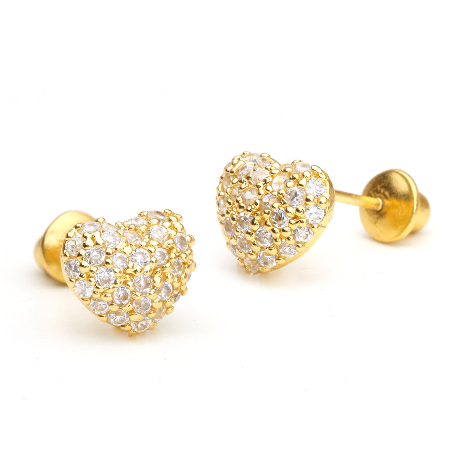 14k Gold Plated Brass Domed Heart CZ Screwback Girls Earrings Silver Post