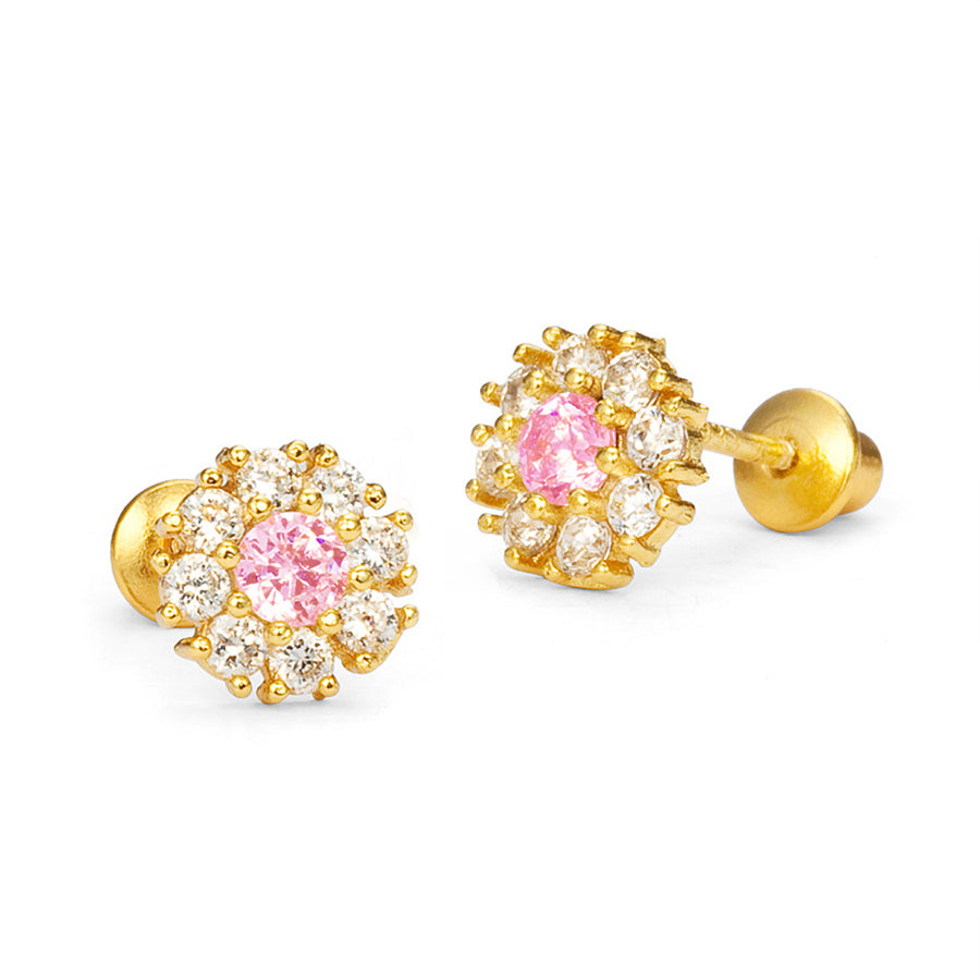 14k Gold Plated Brass Pink Flower CZ Screwback Girls Earrings Silver Post