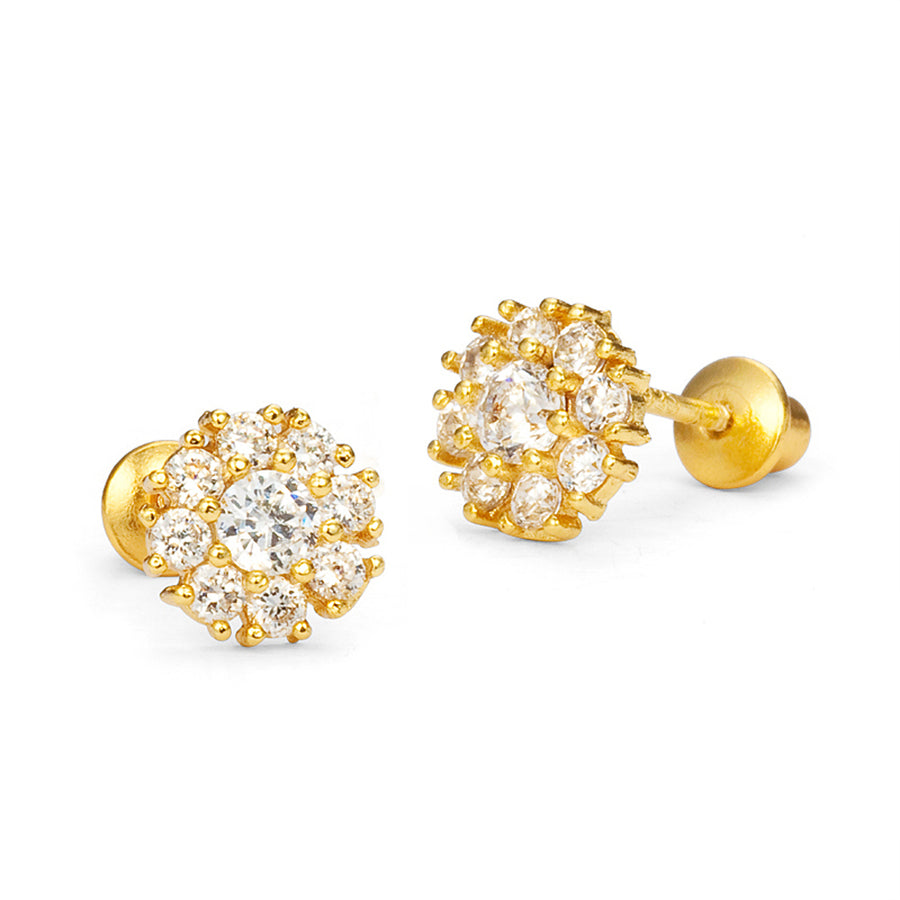 14k Gold Plated Brass Flower CZ Screwback Baby Girls Earrings Silver Post