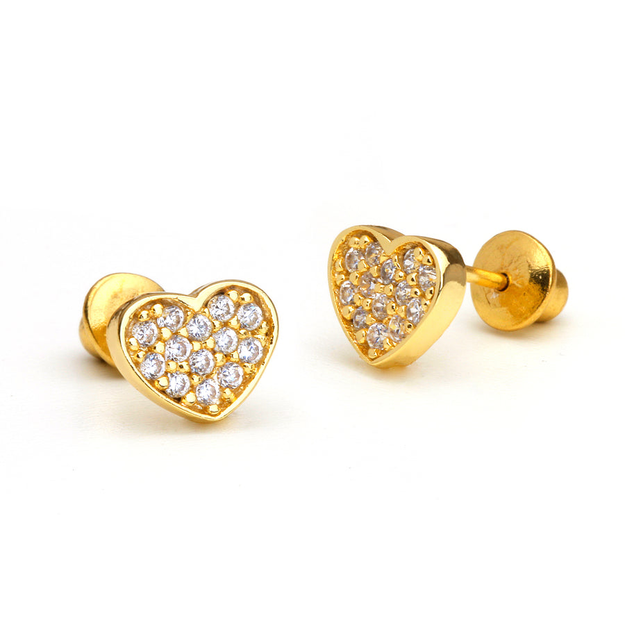 14k Gold Plated Brass Heart CZ Screwback Baby Girl Earrings Sterling Silver Post