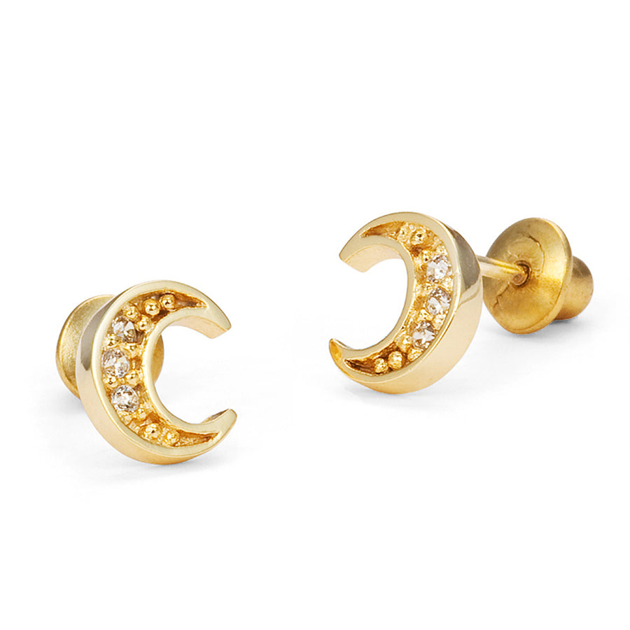 14k Gold Plated Brass Moon CZ Screwback Baby Girls Earrings Sterling Silver Post