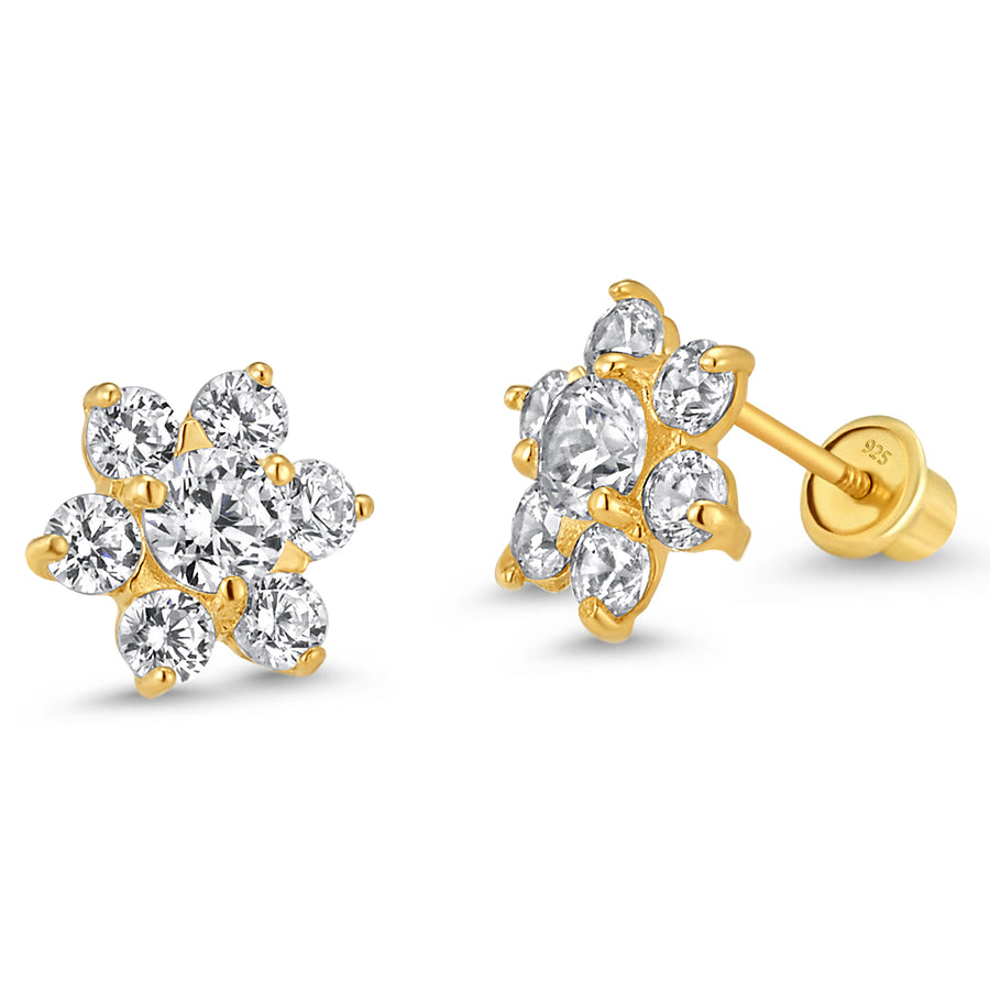 14k Gold Plated Brass Flower CZ Baby Girl Screwback Earring Sterling Silver Post