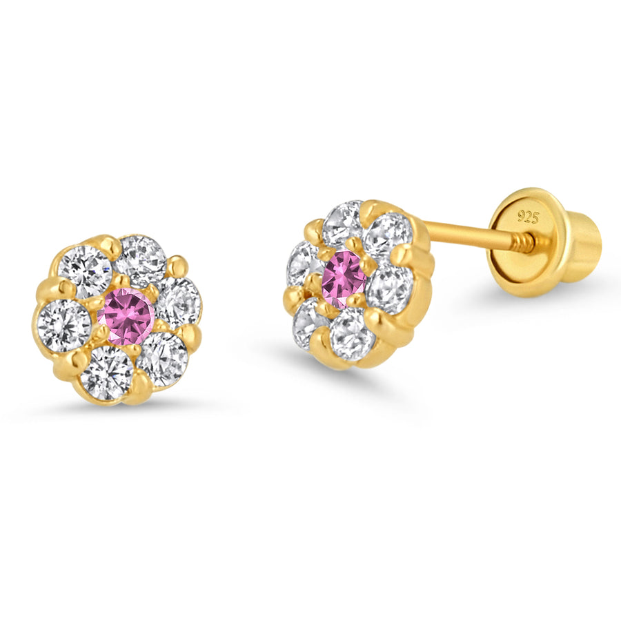14k Gold Plated Brass Flower CZ Baby Girl Screwback Earring with Silver Post