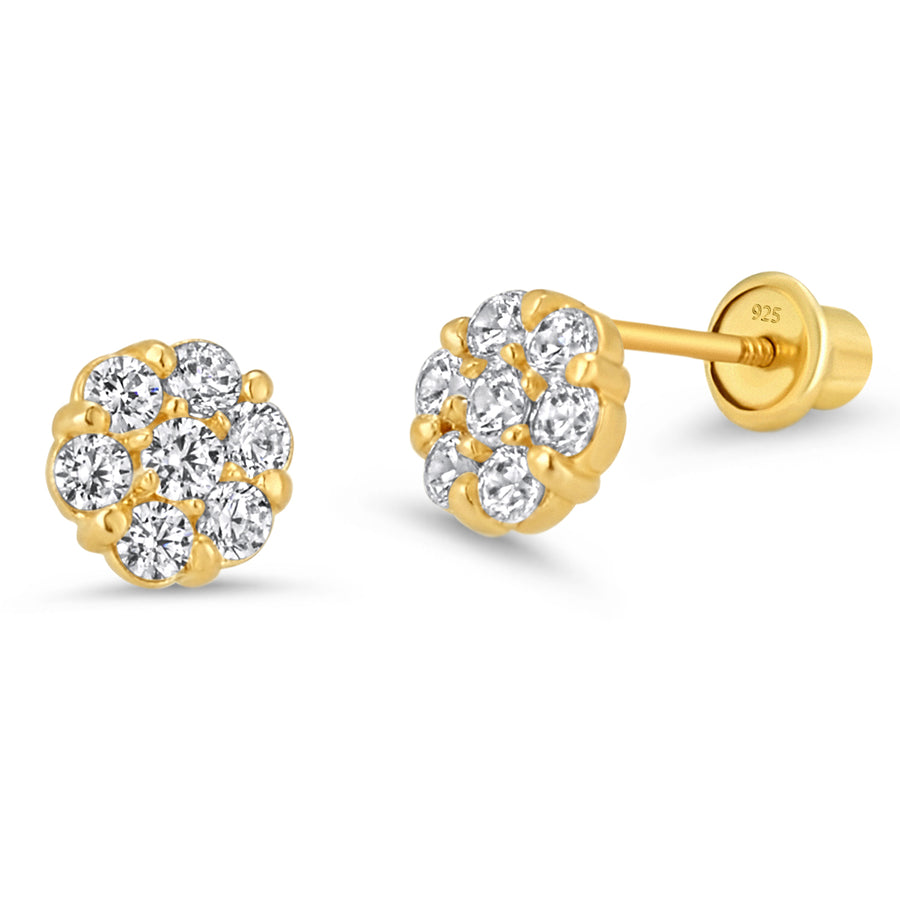 14k Gold Plated Brass Flower CZ Baby Girl Screwback Earring with Silver Post