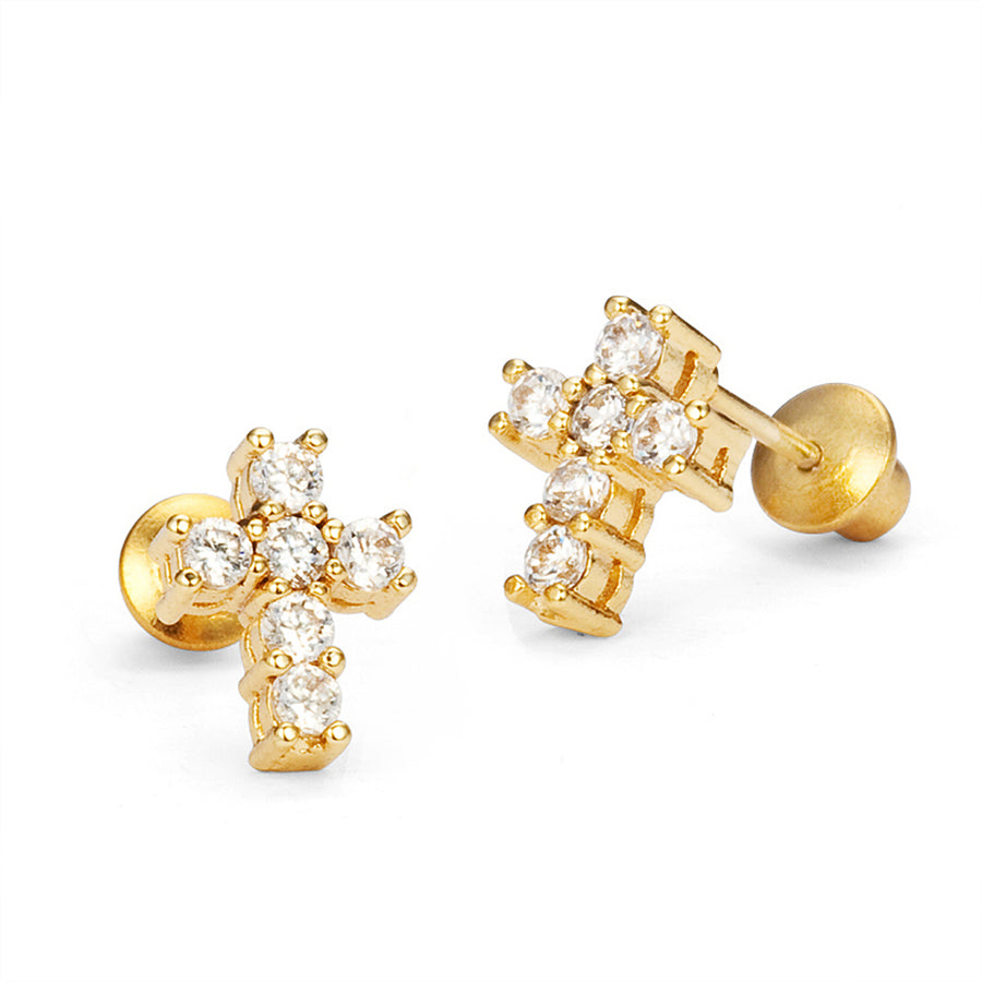 14k Gold Plated Brass Cross CZ Screwback Baby Girl Earrings Sterling Silver Post