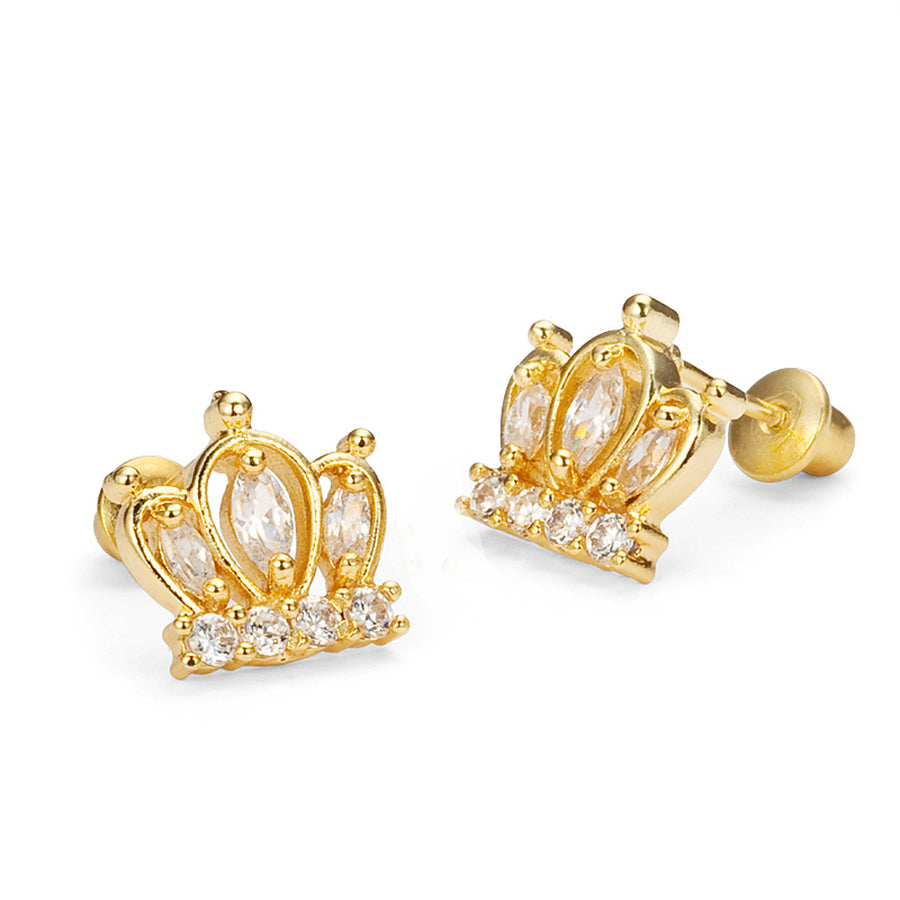 14k Gold Plated Brass Crown CZ Screwback Baby Girl Earrings Sterling Silver Post