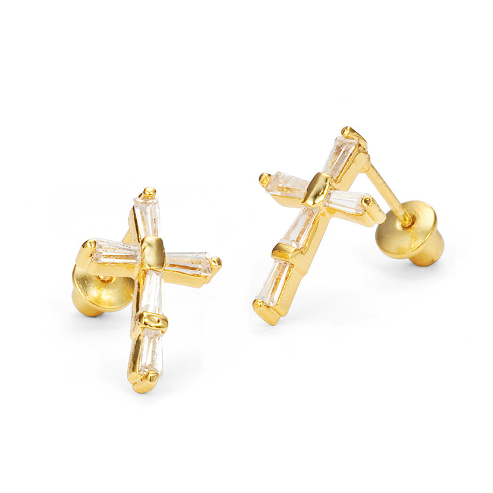 14k Gold Plated Brass Cross CZ Screwback Baby Girl Earrings Sterling S ...