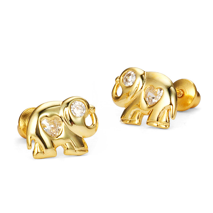 14k Gold Plated Brass Elephant CZ Screwback Girls Earrings Sterling Silver Post