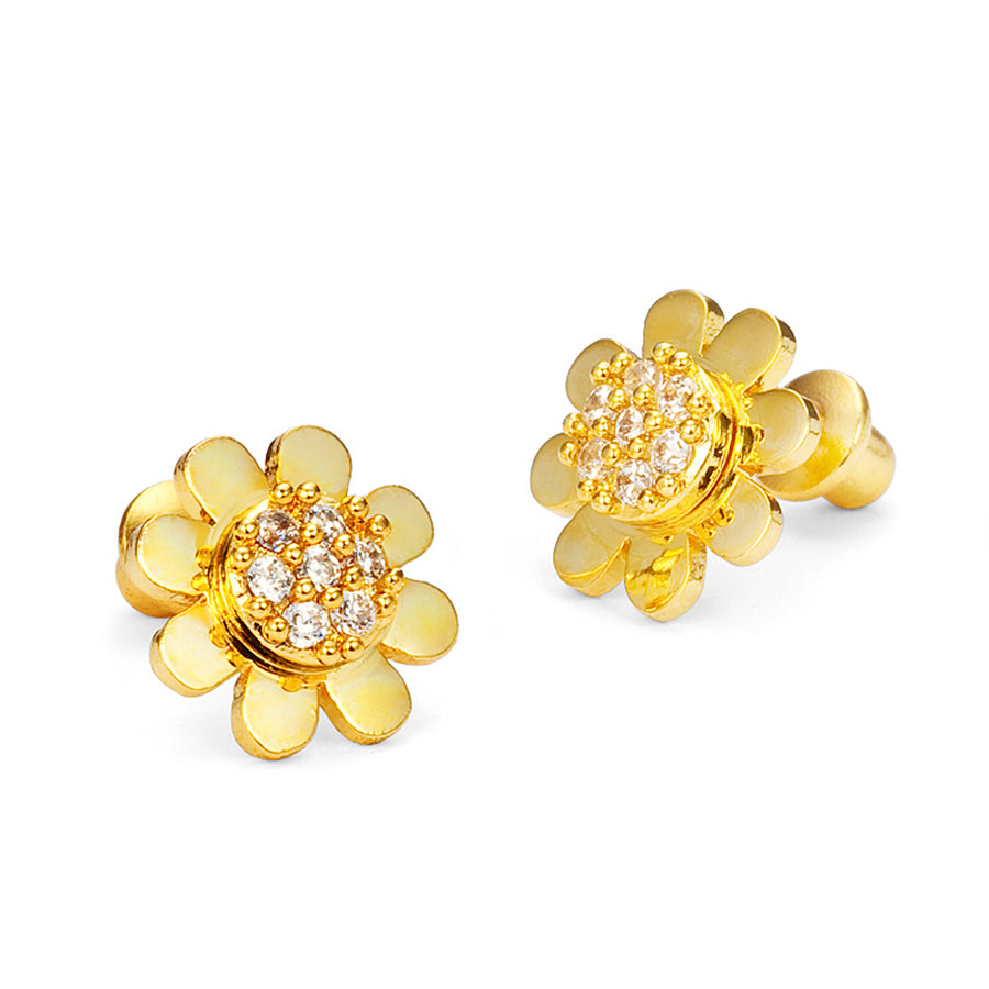 14k Gold Plated Brass Sunflower CZ Screwback Girls Earrings Sterling Silver Post