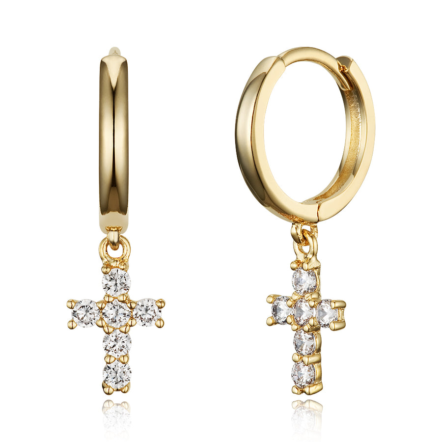 14k Gold Plated Brass Cross Plain Huggy Baby Girls Hoop Earrings