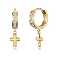 14k Gold Plated Brass Cross Channel Cz Huggy Baby Girls Hoop Earrings