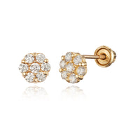 14k Yellow Gold Round Flower CZ Children Screwback Baby Girls Earrings