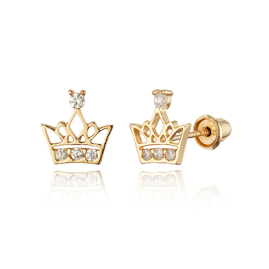 14k Yellow Gold Princess Crown CZ Children Screwback Baby Girls Earrings