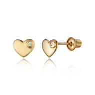 14k Yellow Gold Plain Heart CZ Children Screwback Baby Girls Stud Earrings