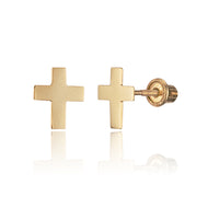 14k Yellow Gold Plain Cross Stud Children Screwback Baby Girls Stud Earrings