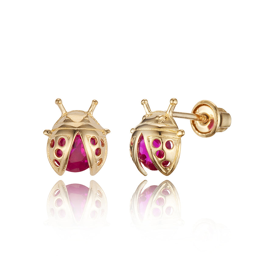 14k Yellow Gold Lady Bug CZ Children Screwback Baby Girls Stud Earrings