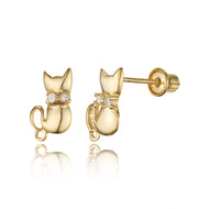 14k Yellow Gold Cat CZ Children Screwback Baby Girls Stud Earrings